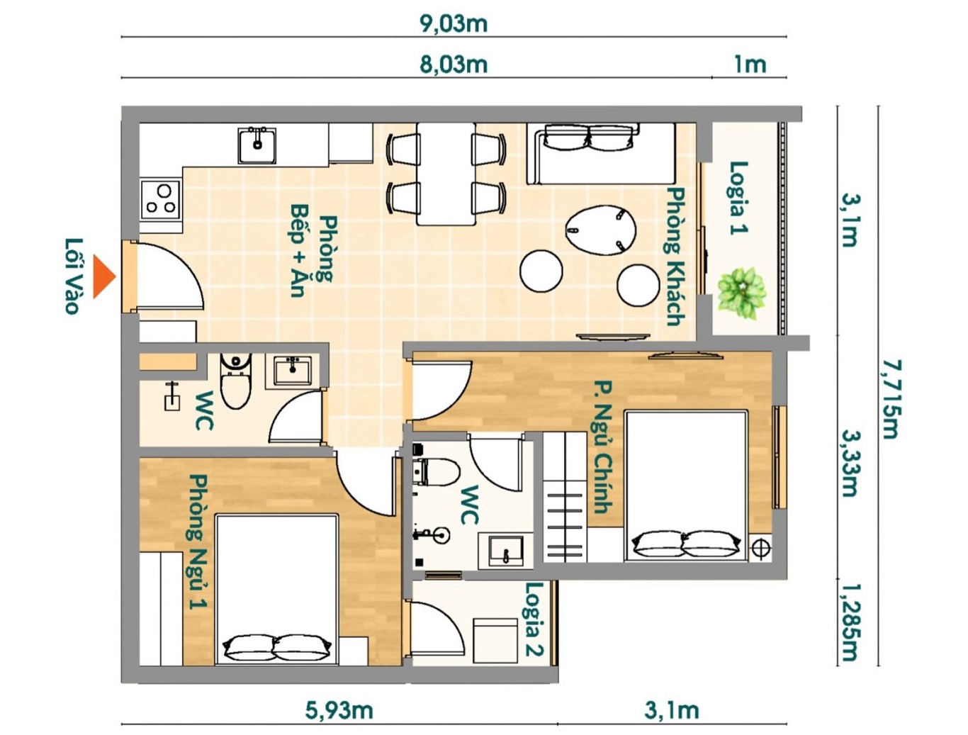 layout căn hộ 2pn loại A